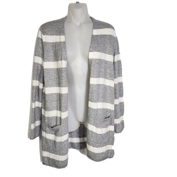Talbots Womens Cardigan Sweater SP Gray White Striped Open Front Cashmere Blend - Picture 1 of 8